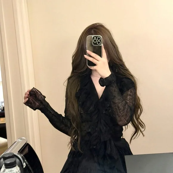 ✨Black Multi-Knit Ruffled Cardigan | Ruffled Trim & Sheer | Statement Piece - Picture 2 of 8